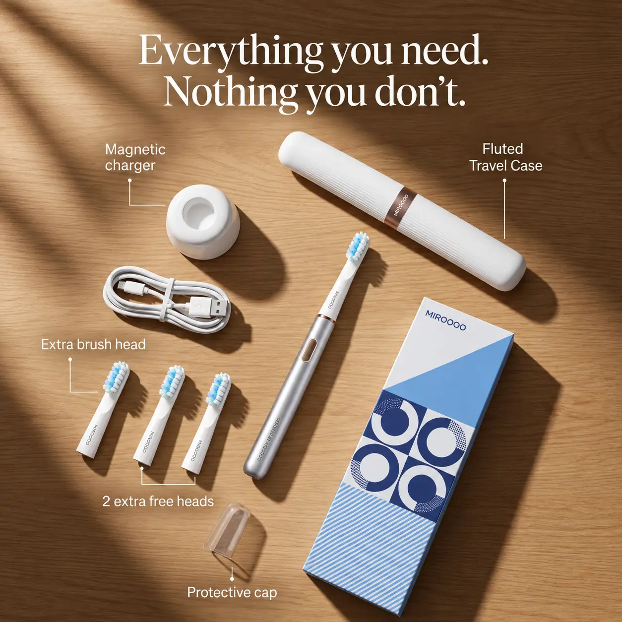 Miroooo X1 Sonic Electric Toothbrush Package Contents & Flat Lay Kit
